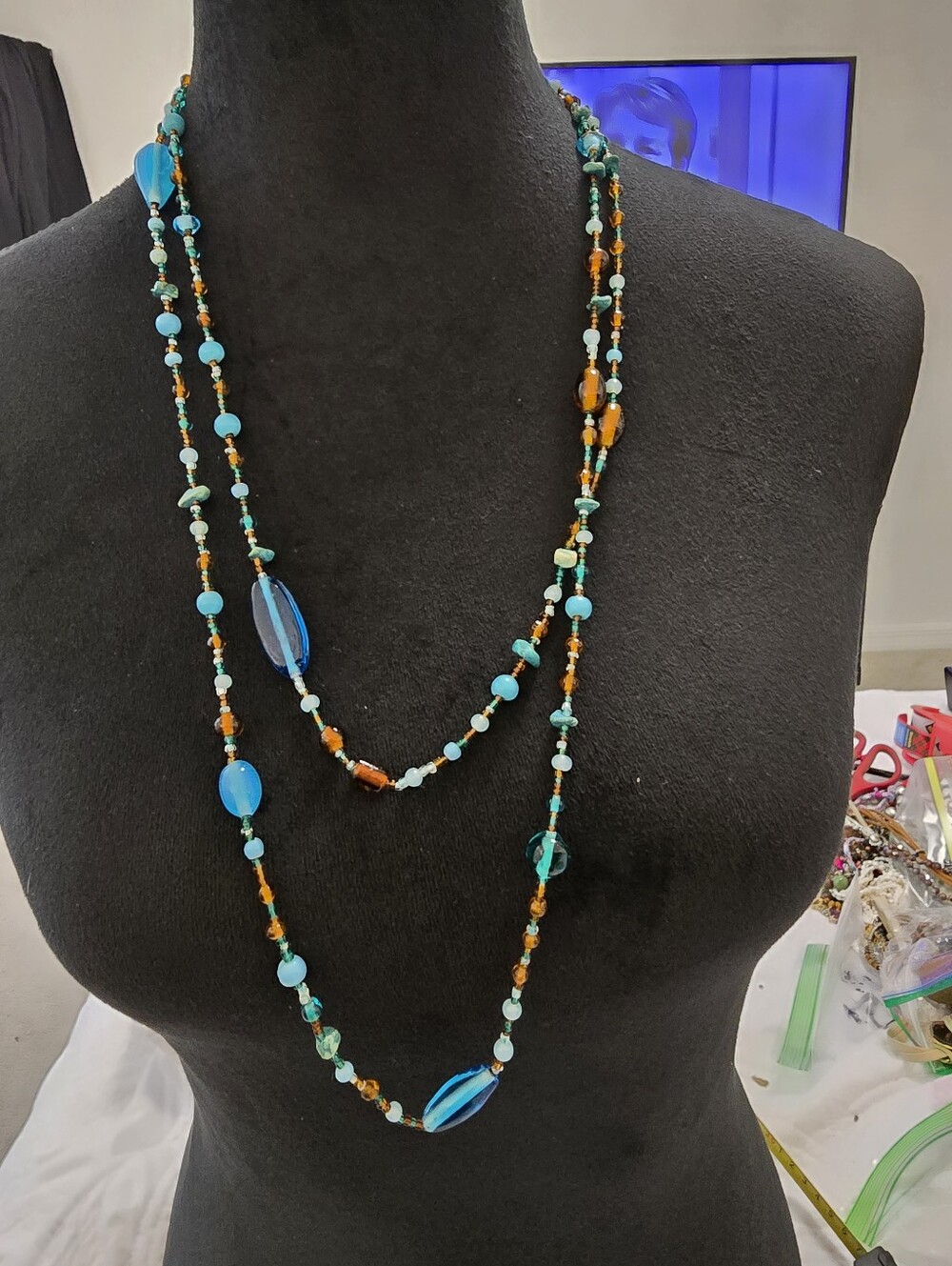 Vintage Turquoise & Amber Beaded Long Necklace - Elegant Layered Style